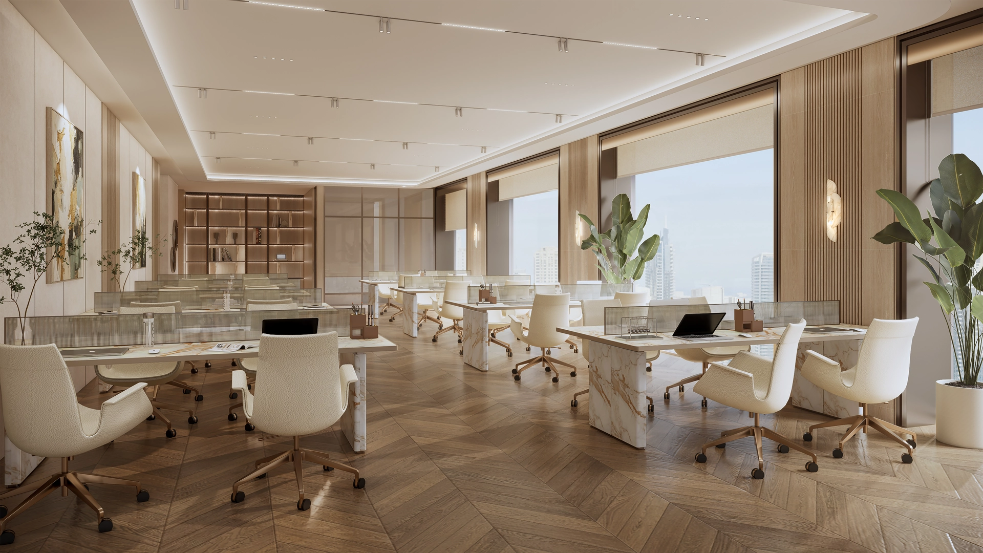 Open plan office in AHS Tower Dubai with marble desks, herringbone timber floor and skyline views