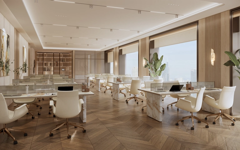 Open plan office in AHS Tower Dubai with marble desks, herringbone timber floor and skyline views