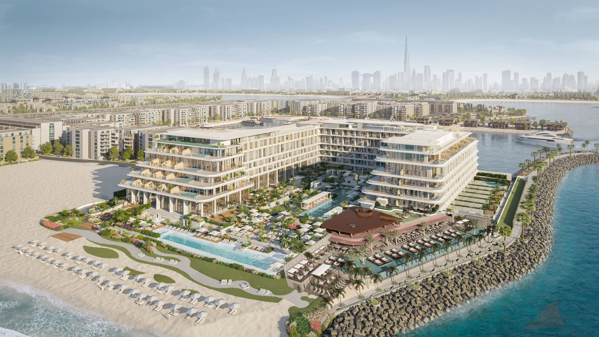 Aerial view of J1 Hotel, a Gran Meliá property, under construction on the Port de La Mer peninsula in Dubai