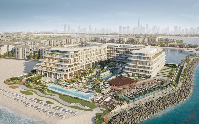 Aerial view of J1 Hotel, a Gran Meliá property, under construction on the Port de La Mer peninsula in Dubai