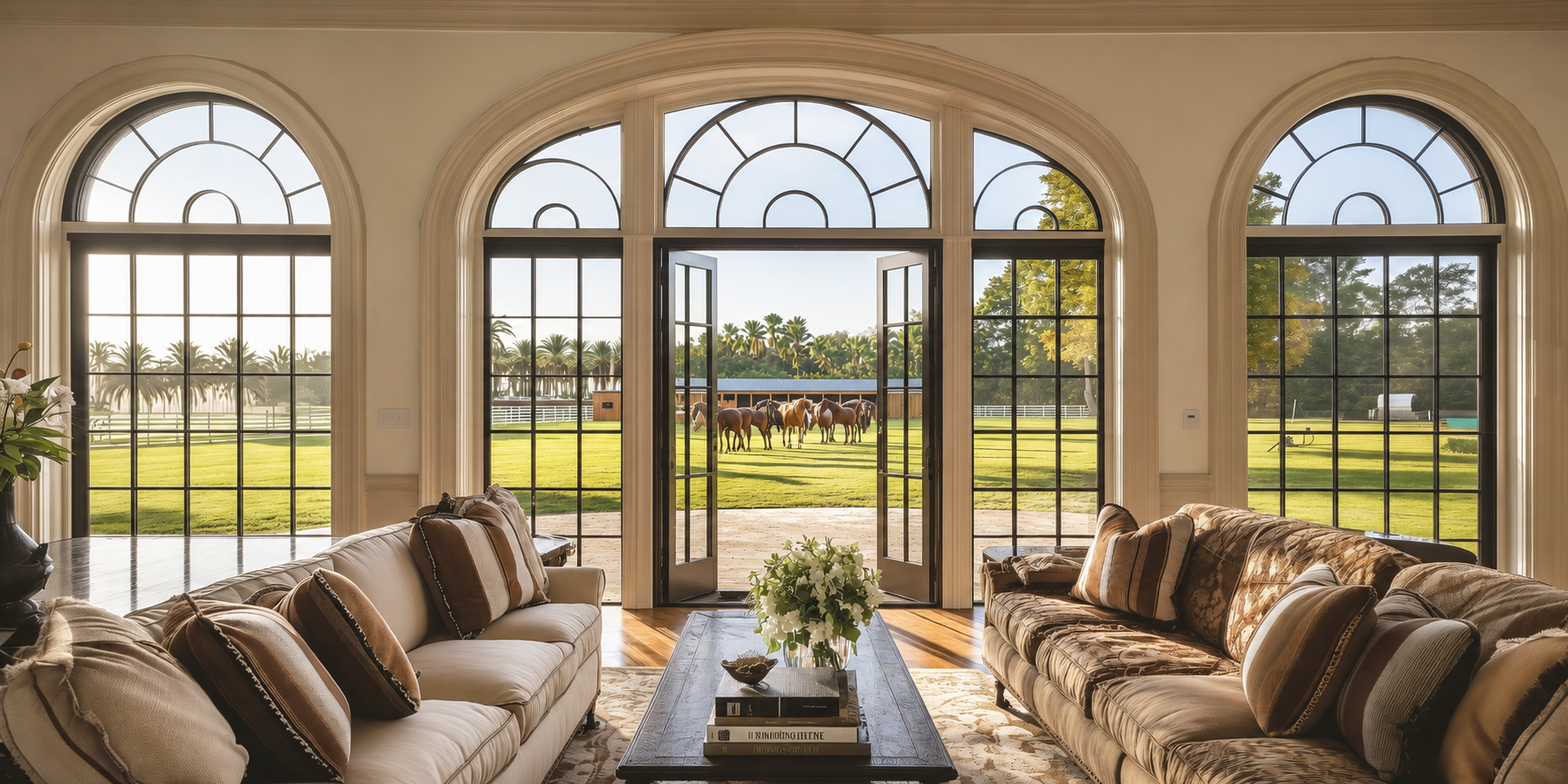 Lounge area with stables view at Dubai Polo Club, designed by MOMA International