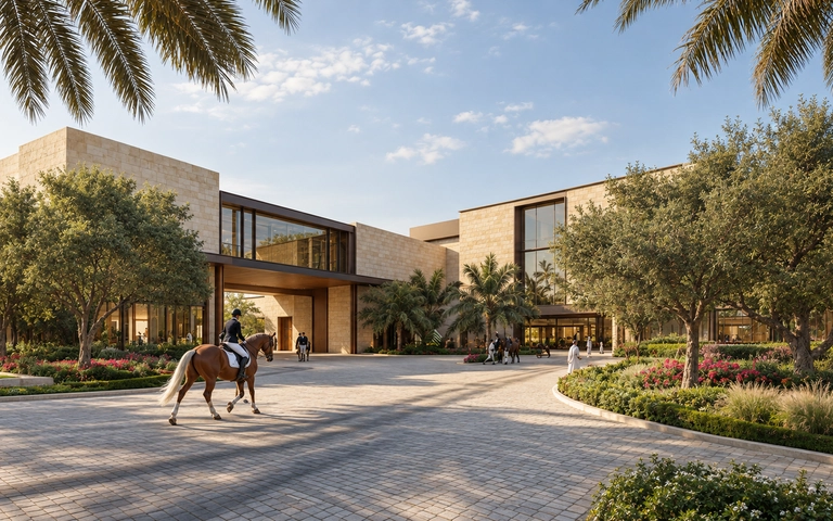 Horses moving through a shaded equestrian landscape in the Gulf, with climate-responsive architecture set within the surrounding planting
