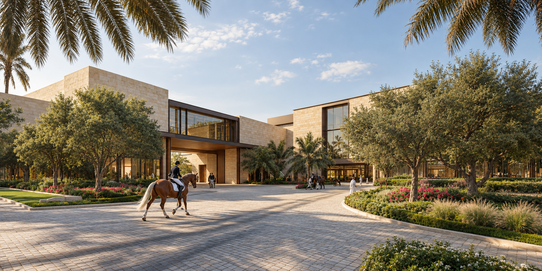 Horses moving through a shaded equestrian landscape in the Gulf, with climate-responsive architecture set within the surrounding planting