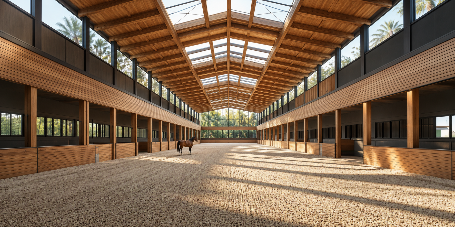 Equestrian destination architecture in the MENA region, with stables, arena and landscaped riding routes designed around horse welfare