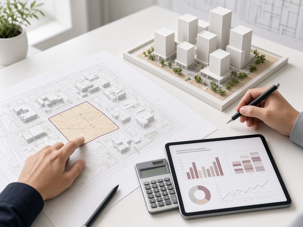 Hands reviewing a site plan, a white massing model and cost charts during a feasibility study