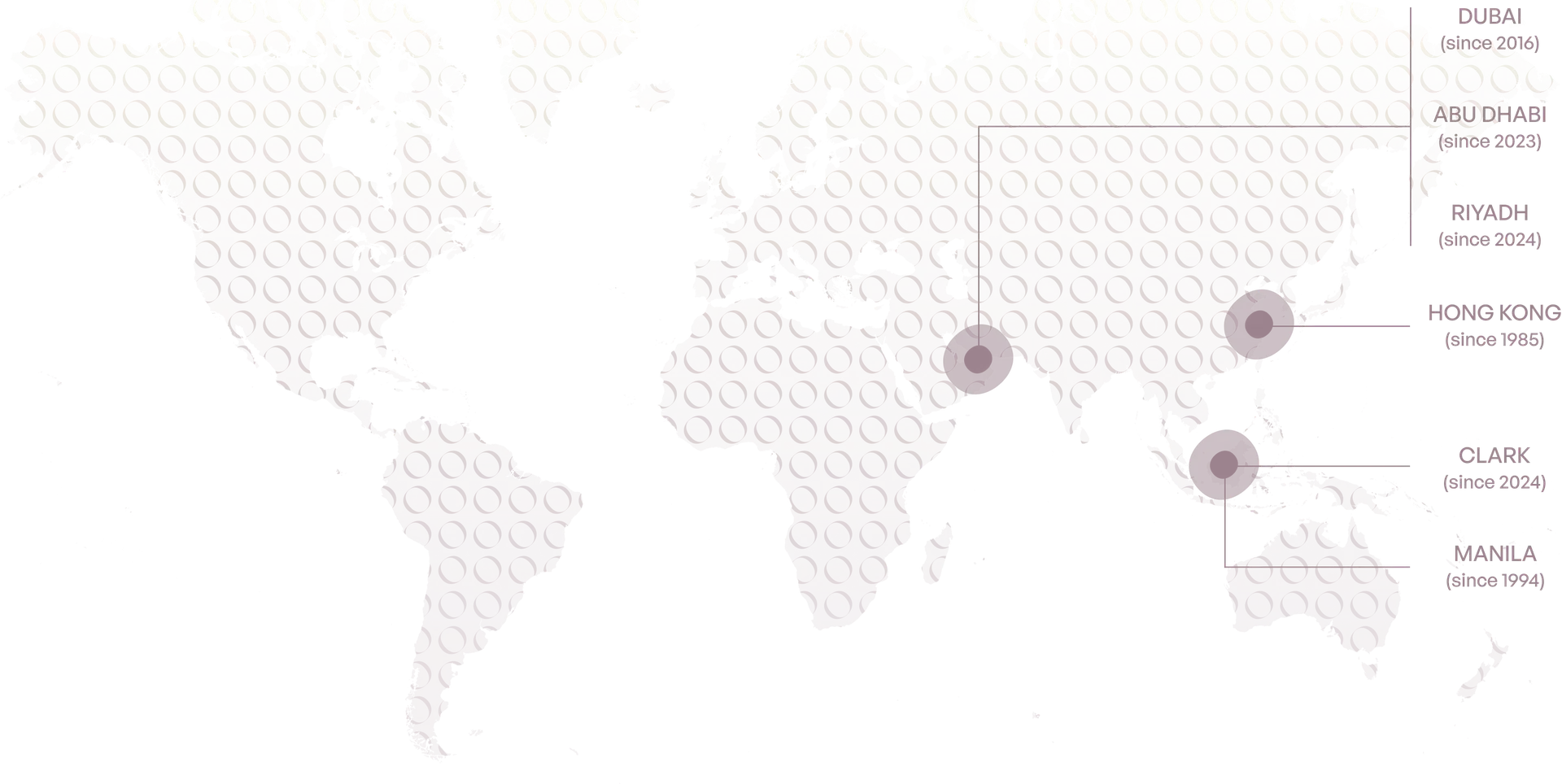 Map of MOMA offices: Dubai, Abu Dhabi, Riyadh, Hong Kong, Clark and Manila